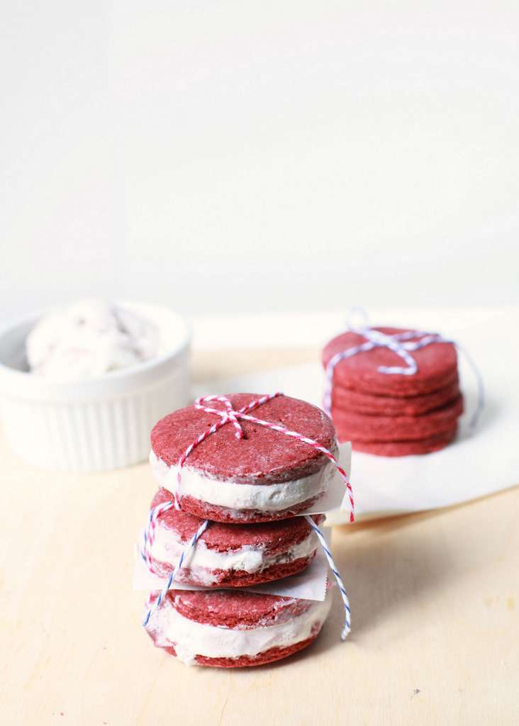 A summer recipe for red velvet ice cream sandwiches made with dairy free ice cream