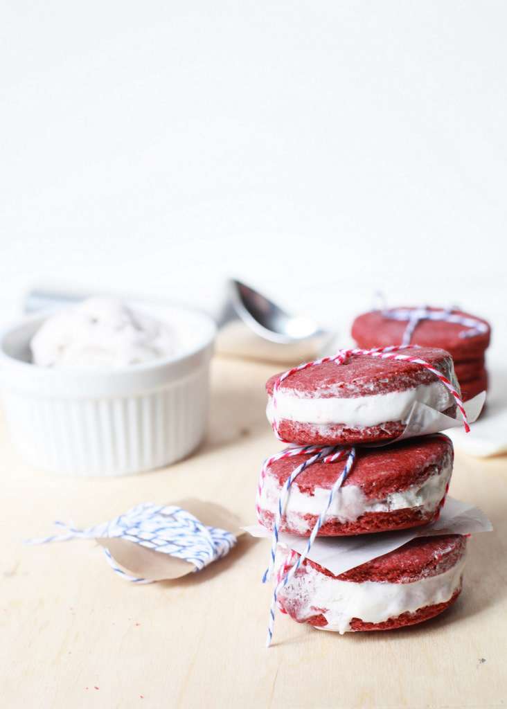 A summer recipe for red velvet ice cream sandwiches made with dairy free ice cream