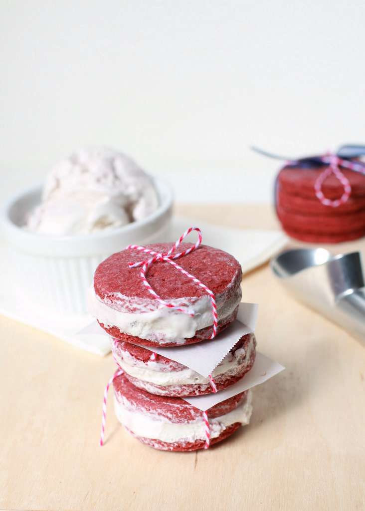 A summer recipe for red velvet ice cream sandwiches made with dairy free ice cream