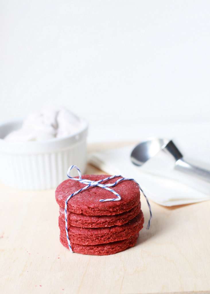 A summer recipe for red velvet ice cream sandwiches made with dairy free ice cream