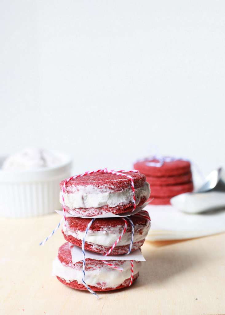 A summer recipe for red velvet ice cream sandwiches made with dairy free ice cream