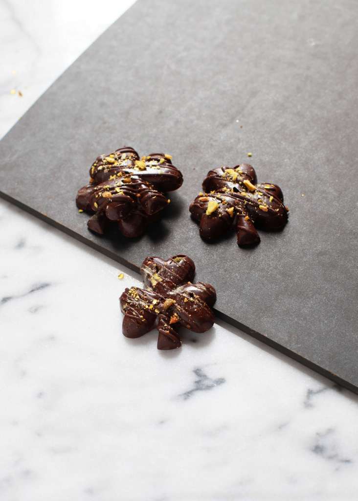 Sea Salt & Pisatchio Dark Chocolate Shamrocks | Posh Little Designs