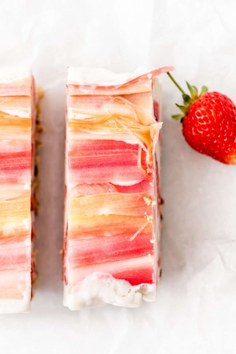 Vegan strawberry ice cream bars topped with tart candied rhubarb - an easy, no bake and gluten free recipe