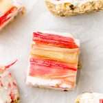 Vegan strawberry ice cream bars topped with tart candied rhubarb - an easy, no bake and gluten free recipe
