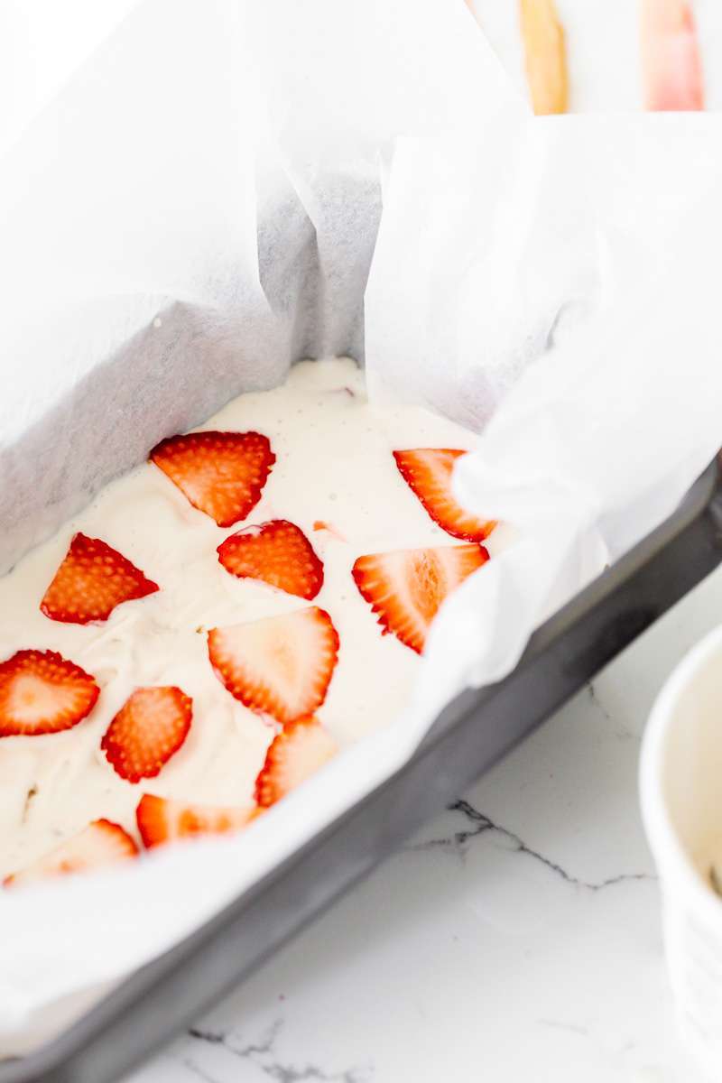 Vegan strawberry ice cream bars topped with tart candied rhubarb - an easy, no bake and gluten free recipe