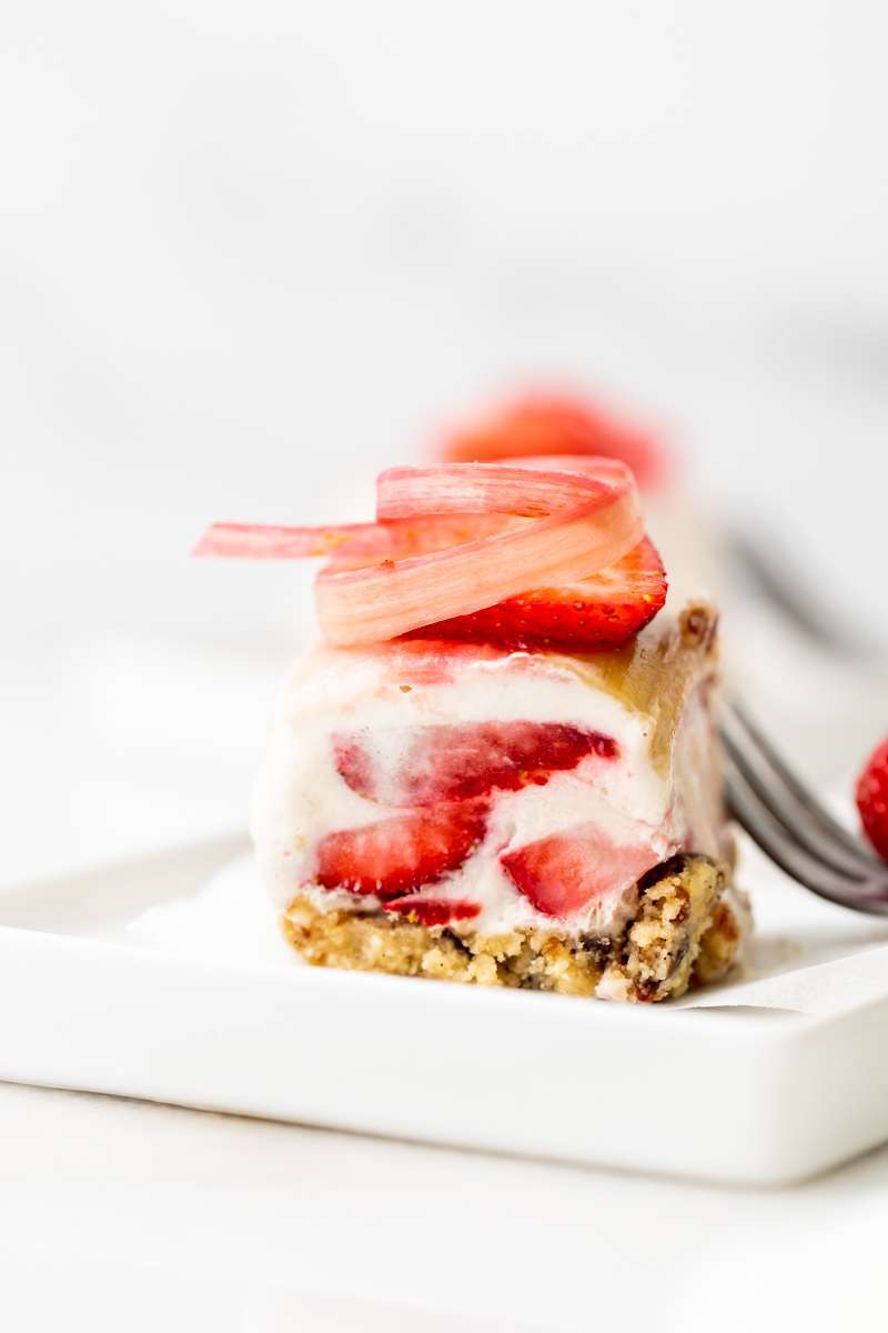 Vegan strawberry ice cream bars topped with tart candied rhubarb - an easy, no bake and gluten free recipe