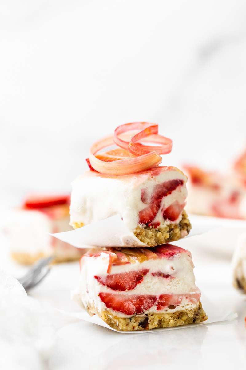 Vegan strawberry ice cream bars topped with tart candied rhubarb - an easy, no bake and gluten free recipe