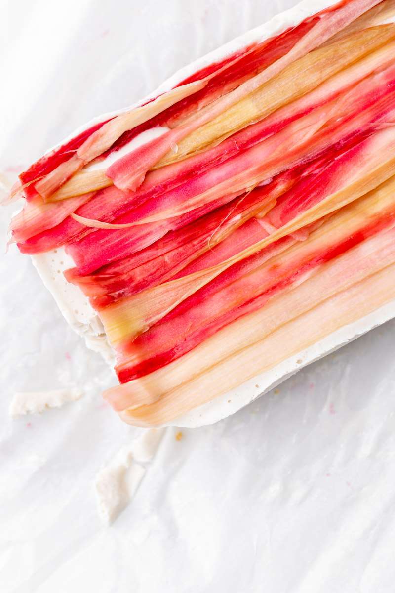 Vegan strawberry ice cream bars topped with tart candied rhubarb - an easy, no bake and gluten free recipe