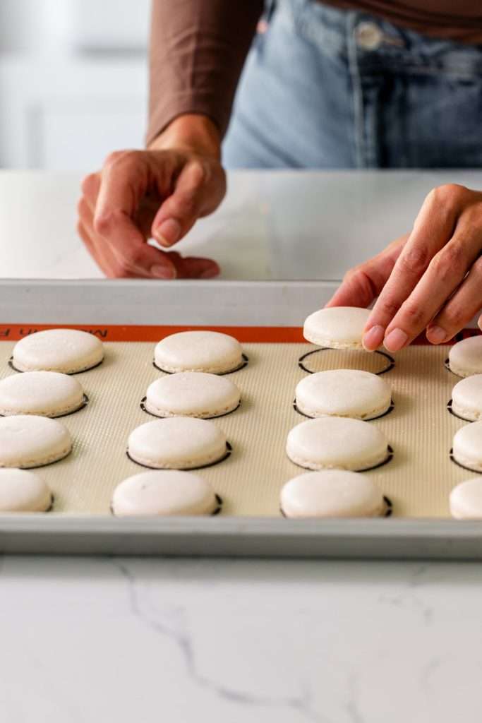 Cranberry vanilla bean French macarons filled with creamy vanilla buttercream and cranberry jam.