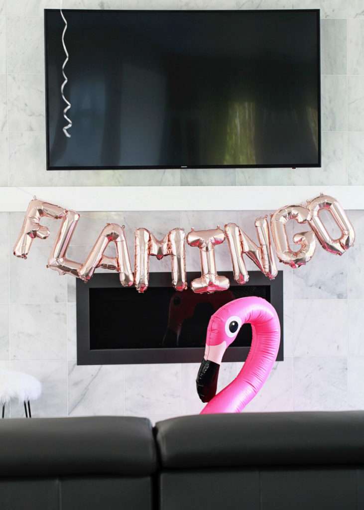 rose gold letter balloons, flamingo party