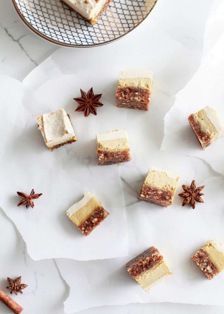 A delicious recipe for Vegan Pumpkin Cheesecake. This no bake dessert is made with a variety of spices, creamy cashews and pumpkin purée
