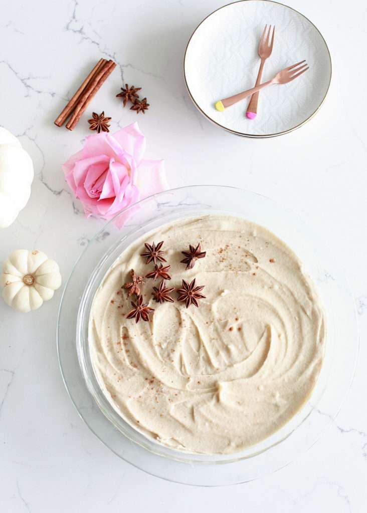 A delicious recipe for Vegan Pumpkin Cheesecake. This no bake dessert is made with a variety of spices, creamy cashews and pumpkin purée