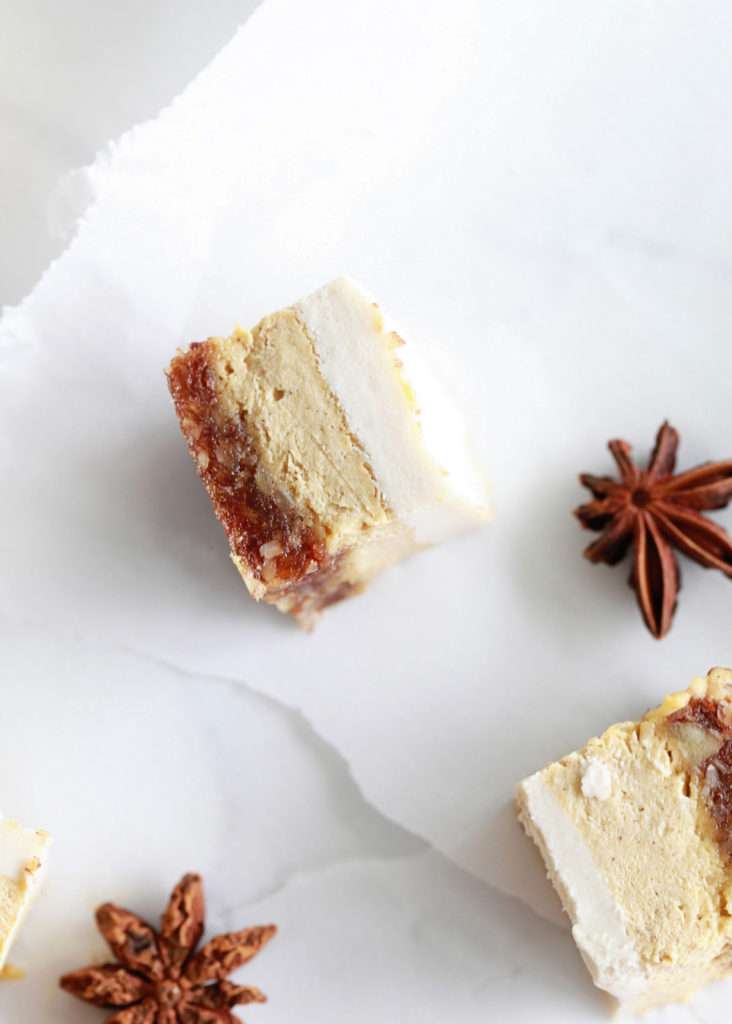 A delicious recipe for Vegan Pumpkin Cheesecake. This no bake dessert is made with a variety of spices, creamy cashews and pumpkin purée