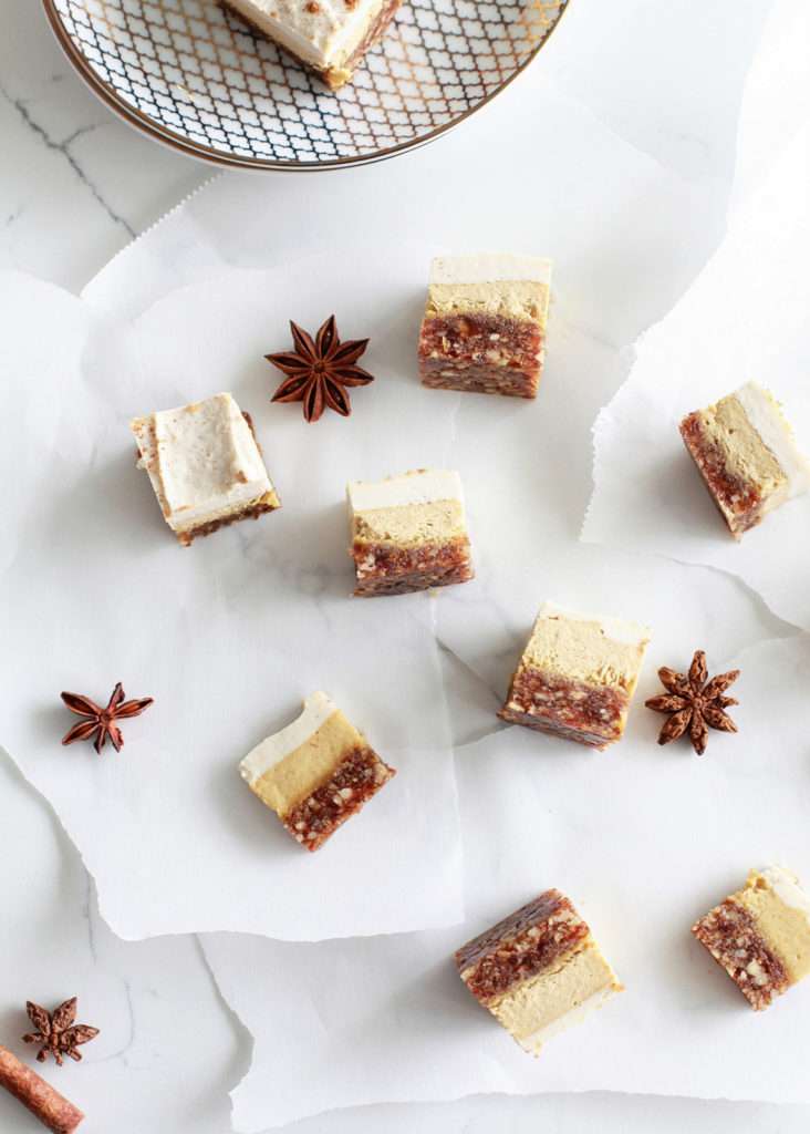 A delicious recipe for Vegan Pumpkin Cheesecake. This no bake dessert is made with a variety of spices, creamy cashews and pumpkin purée