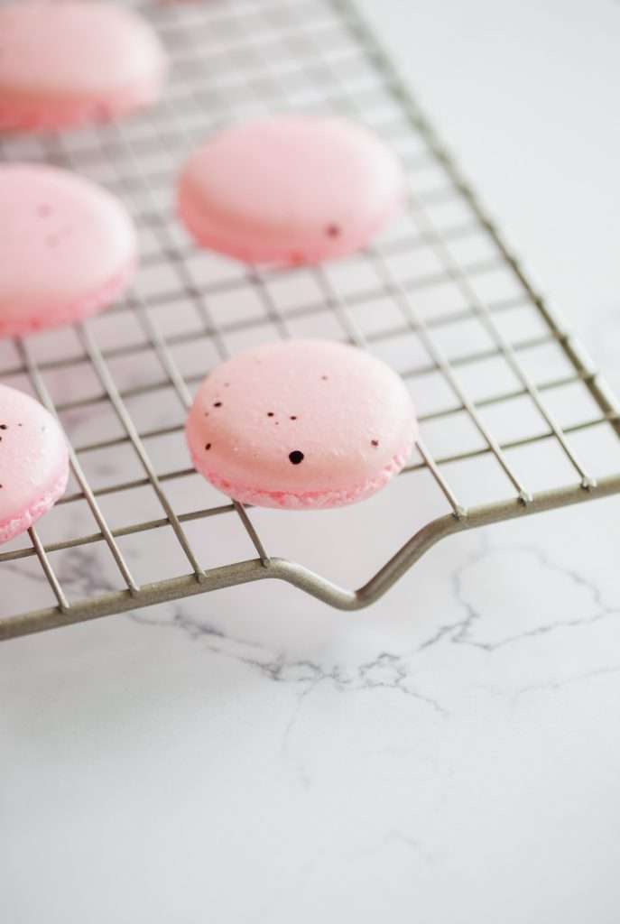 Chocolate bunny macarons stacks, 3 shells high, layered with speckled macaron shells, vanilla frosting and finished with cute chocolate bunnies. Perfect for your Easter Sunday brunch dessert menus.