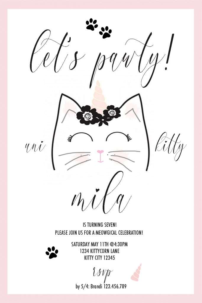 unicorn kitten invitation, invites, custom
