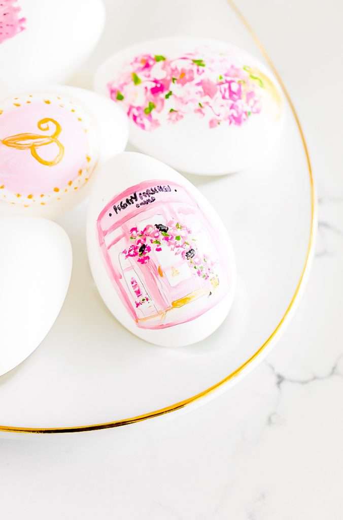 DIY Peggy Porschen and floral print inspired Easter eggs - Posh Little Designs DIY Peggy Porschen and painted Easter Eggs, decorated with acrylic paint in shades of pink. Inspired by the Iconic London Bakery.