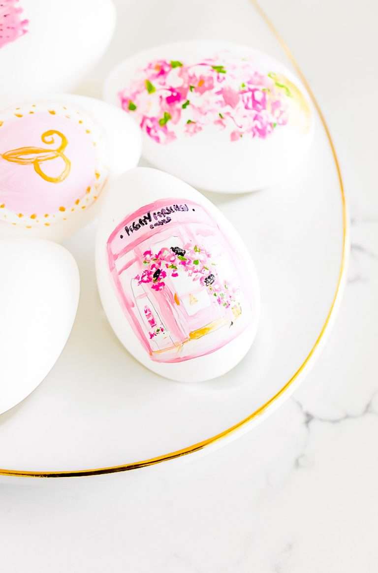 DIY Peggy Porschen and floral print inspired Easter eggs, painted in pink
