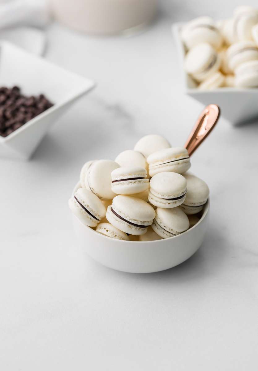 Mini French macaron breakfast cereal recipe and tik Tok trend - filled with dark chocolate ganache.