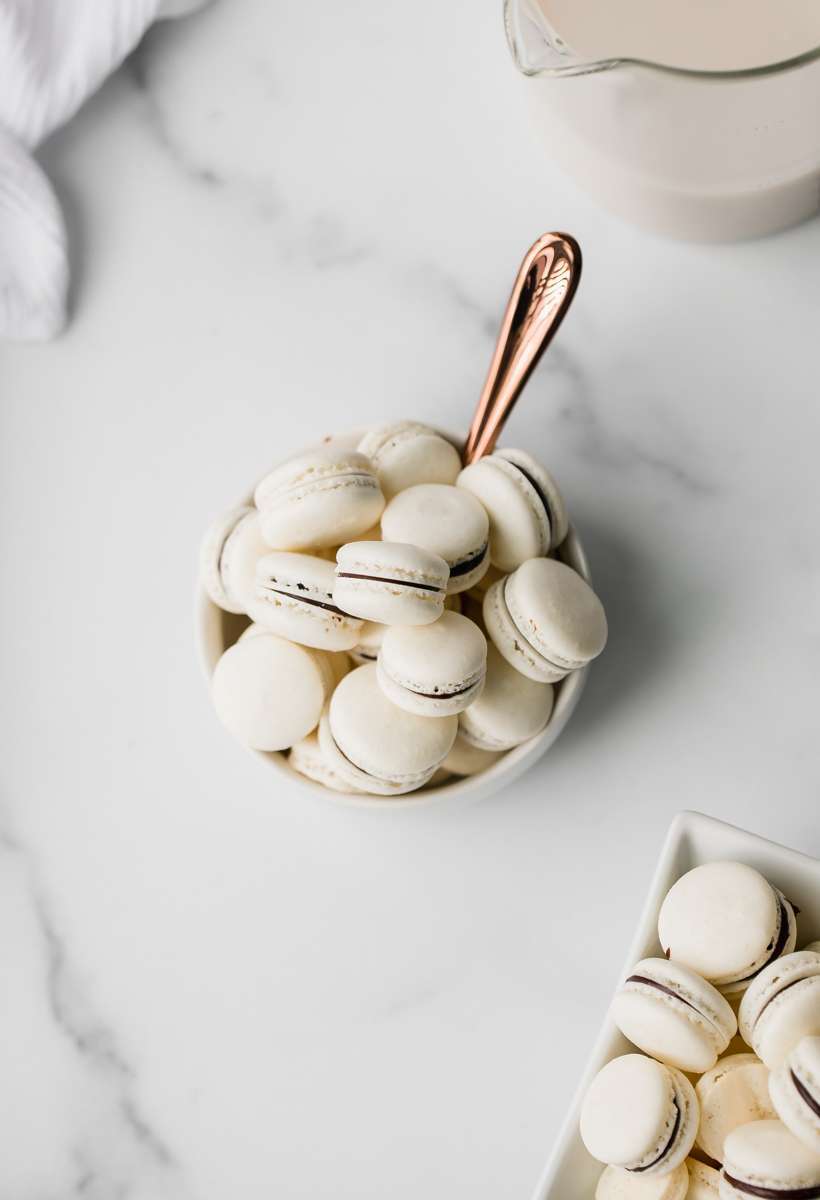 Mini French macaron breakfast cereal recipe and tik Tok trend - filled with dark chocolate ganache.