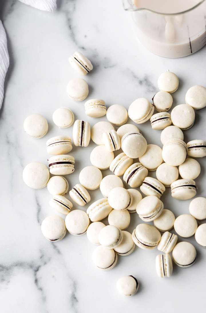 mini French macaron breakfast cereal filled with dark chocolate ganache. Dairy and gluten free