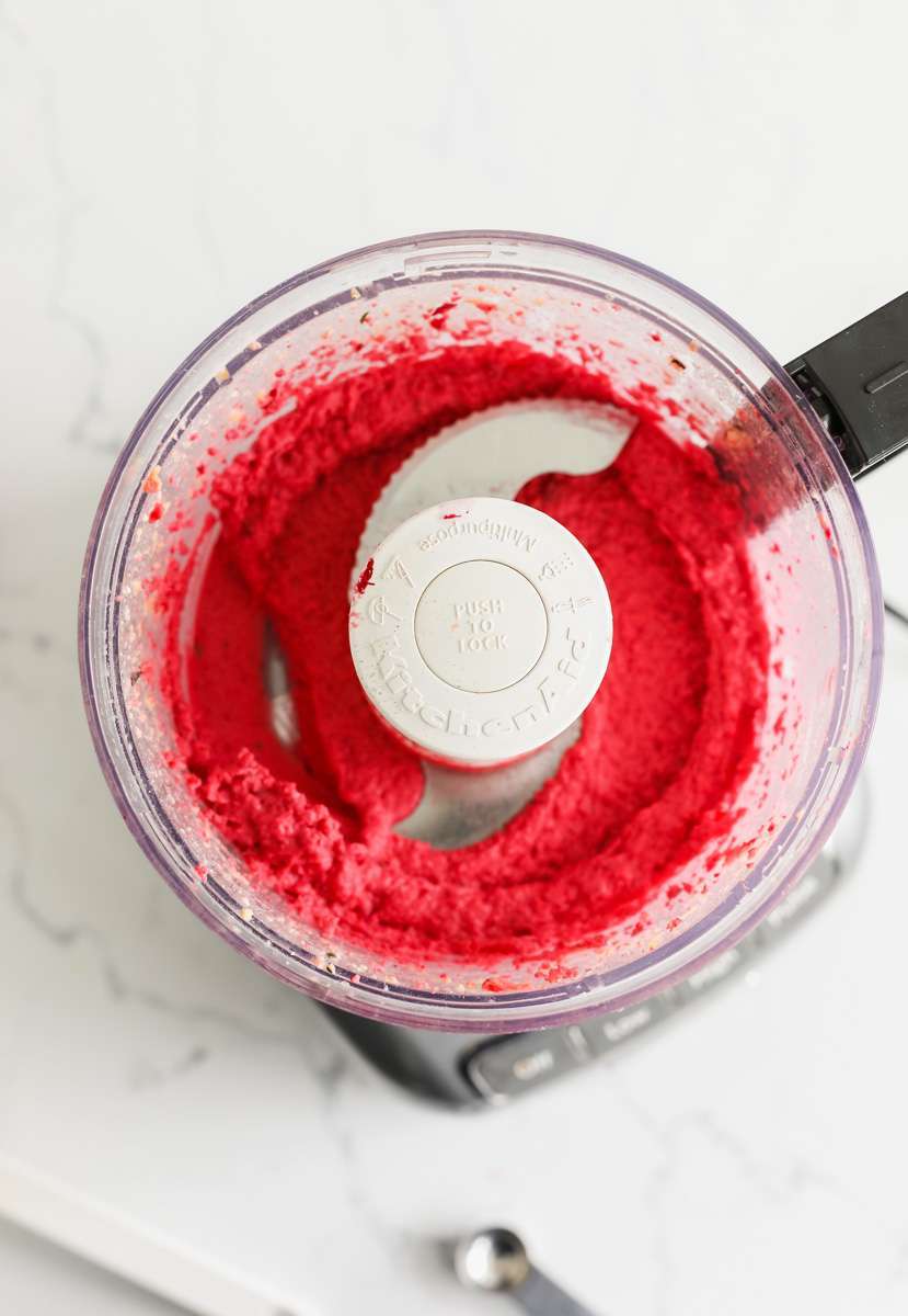 easy roasted beet hummus recipe made with garden beets and crudités - vegan & gluten free
