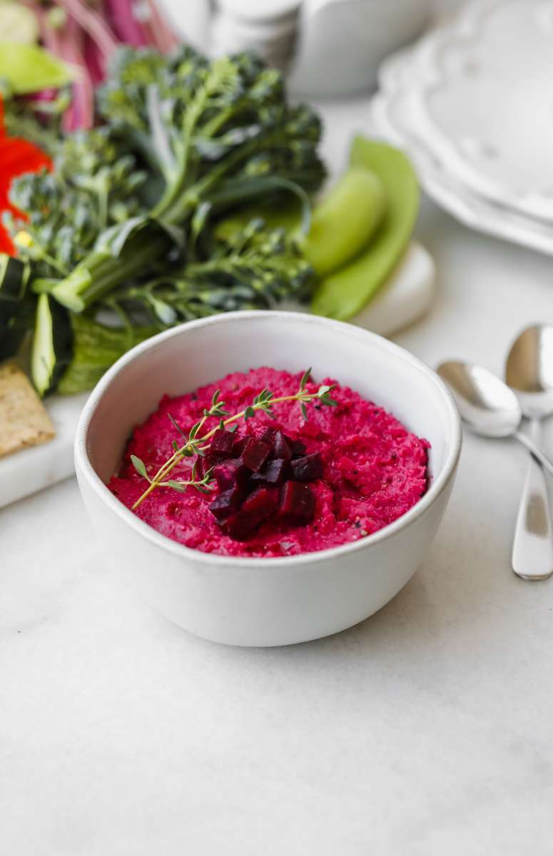 easy roasted beet hummus recipe made with garden beets and crudités - vegan & gluten free
