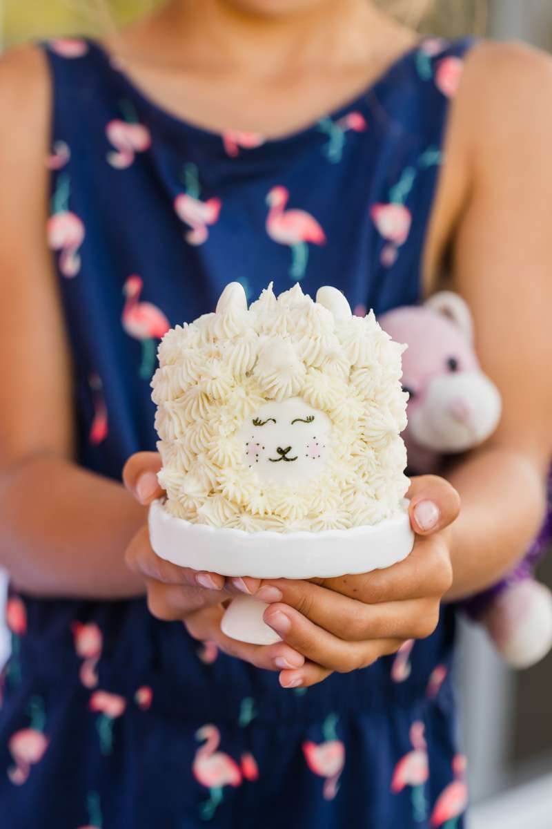 miniature llama birthday cake with vanilla frosting