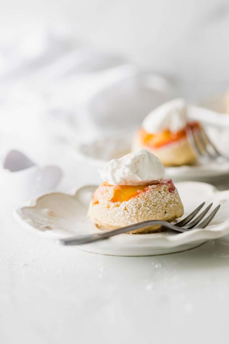 a dairy and gluten free recipe for plumcot upside down cakes with coconut whip-easy - fall desserts - baking