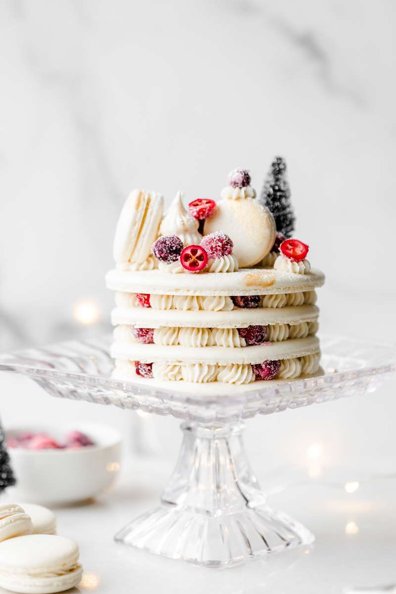 a recipe for cranberry vanilla macaron cake, for Christmas and the holidays dairy and gluten free