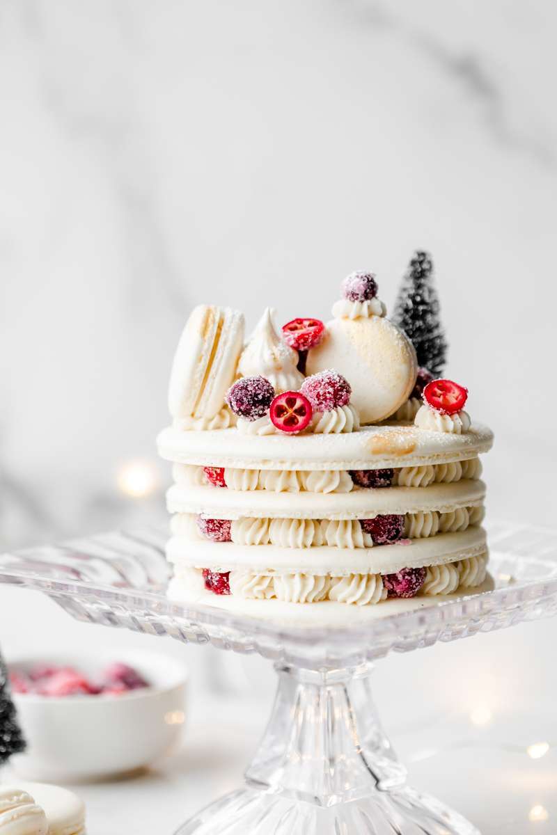 a recipe for cranberry vanilla macaron cake, for Christmas and the holidays dairy and gluten free
