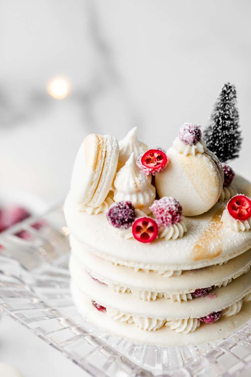 a recipe for cranberry vanilla macaron cake, for Christmas and the holidays dairy and gluten free