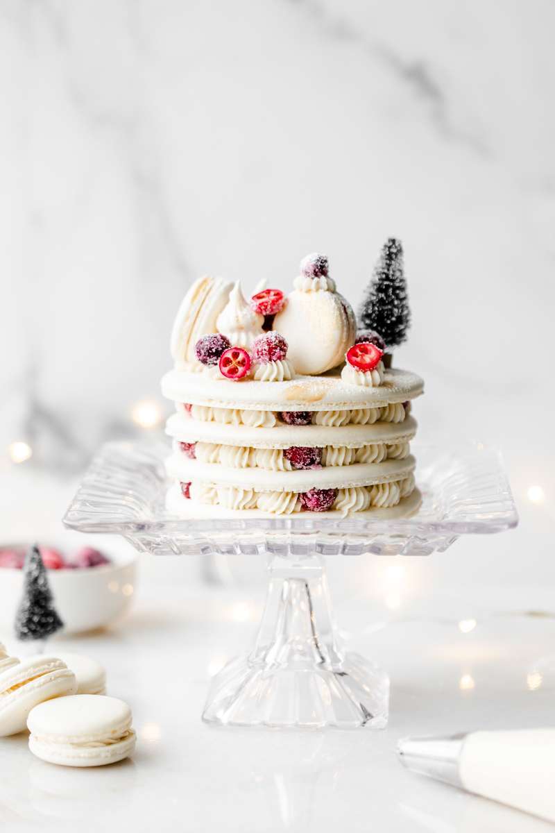 a recipe for cranberry vanilla macaron cake, for Christmas and the holidays dairy and gluten free