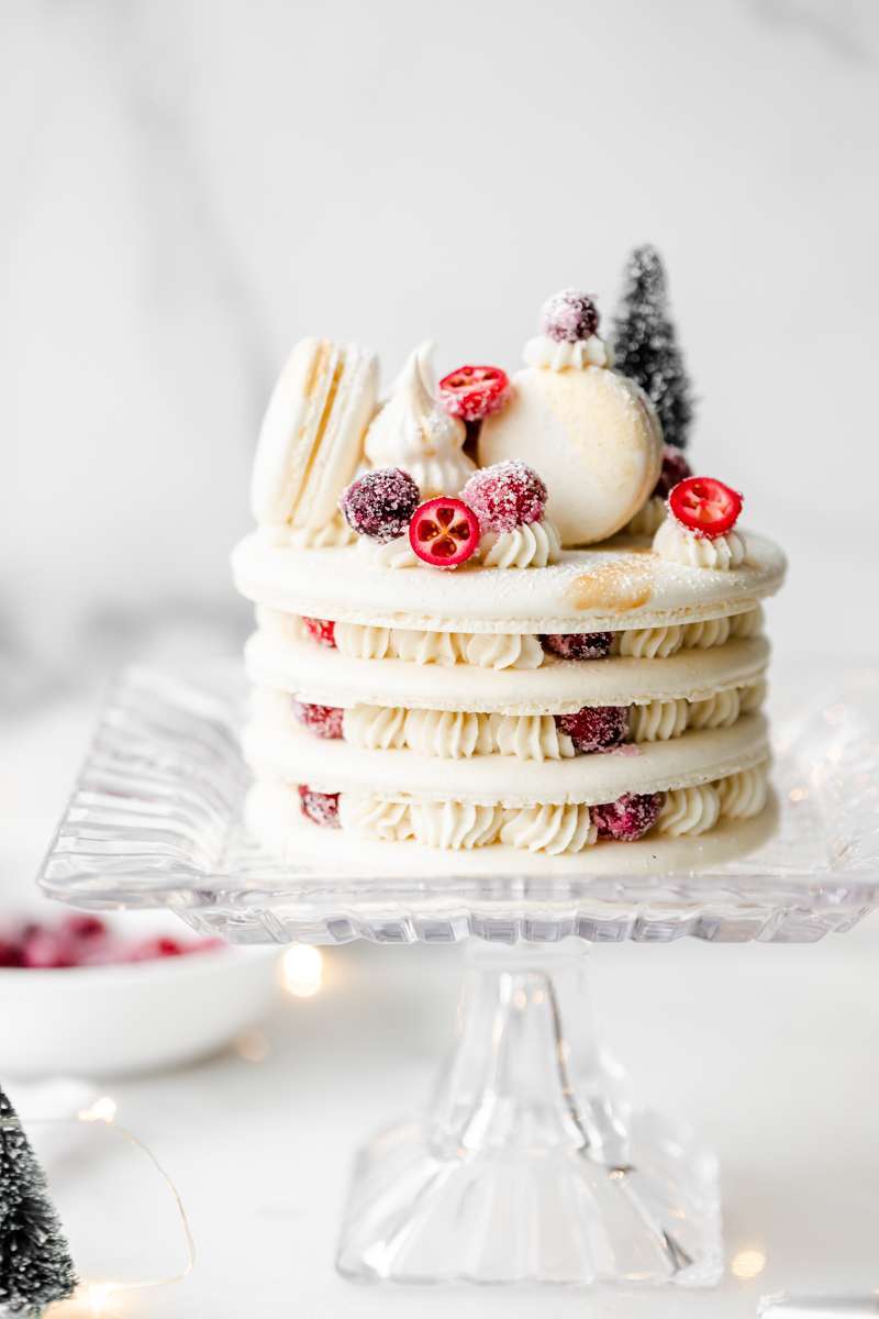 a recipe for cranberry vanilla macaron cake, for Christmas and the holidays dairy and gluten free