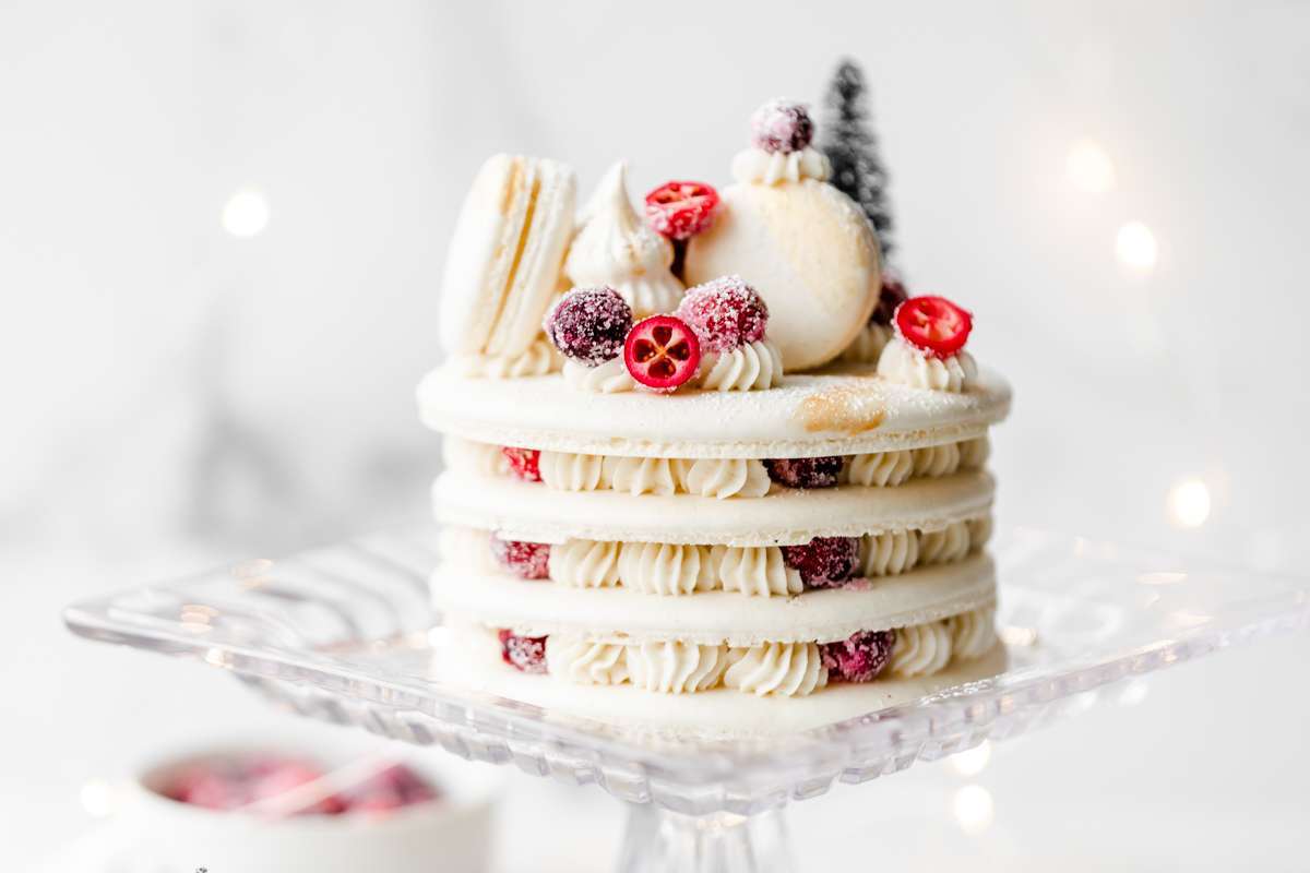 a recipe for cranberry vanilla macaron cake, for Christmas and the holidays dairy and gluten free