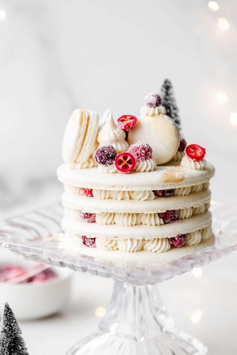 a recipe for cranberry vanilla macaron cake, for Christmas and the holidays dairy and gluten free