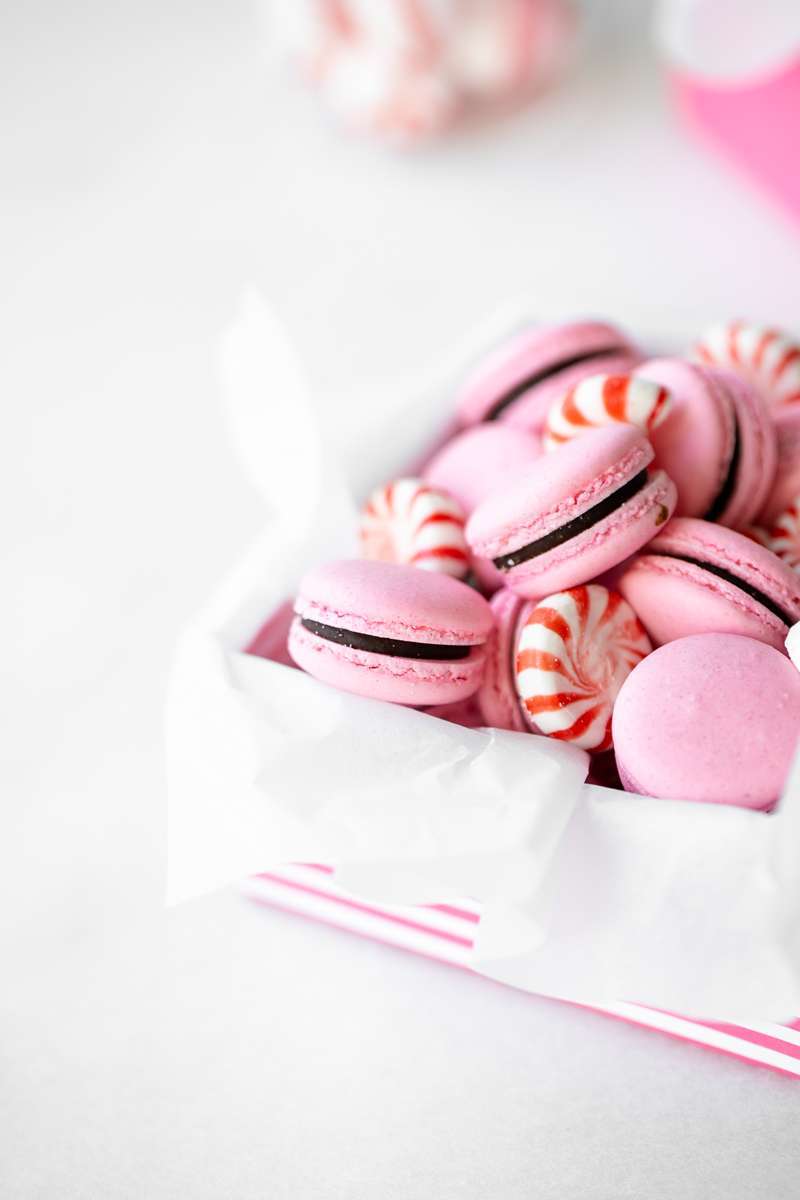 recipe for chocolate peppermint French macarons with chocolate ganache for the holiday season.