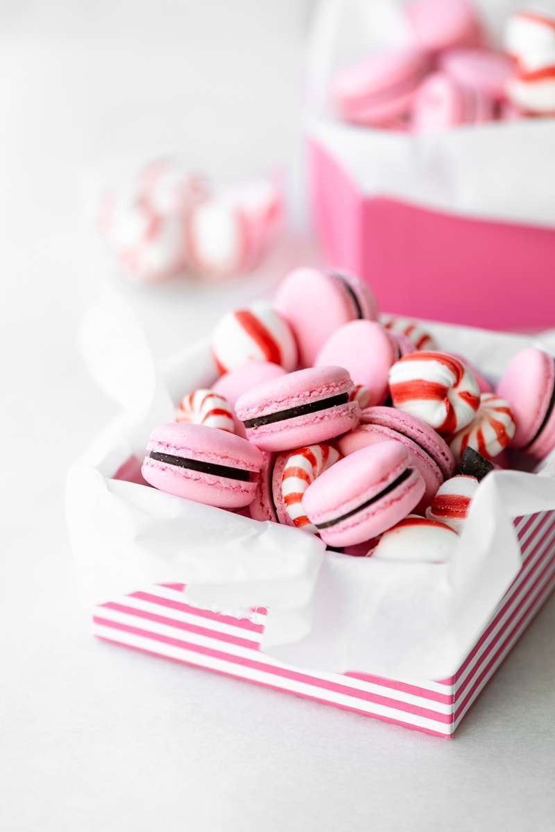 recipe for chocolate peppermint French macarons with chocolate ganache for the holiday season.