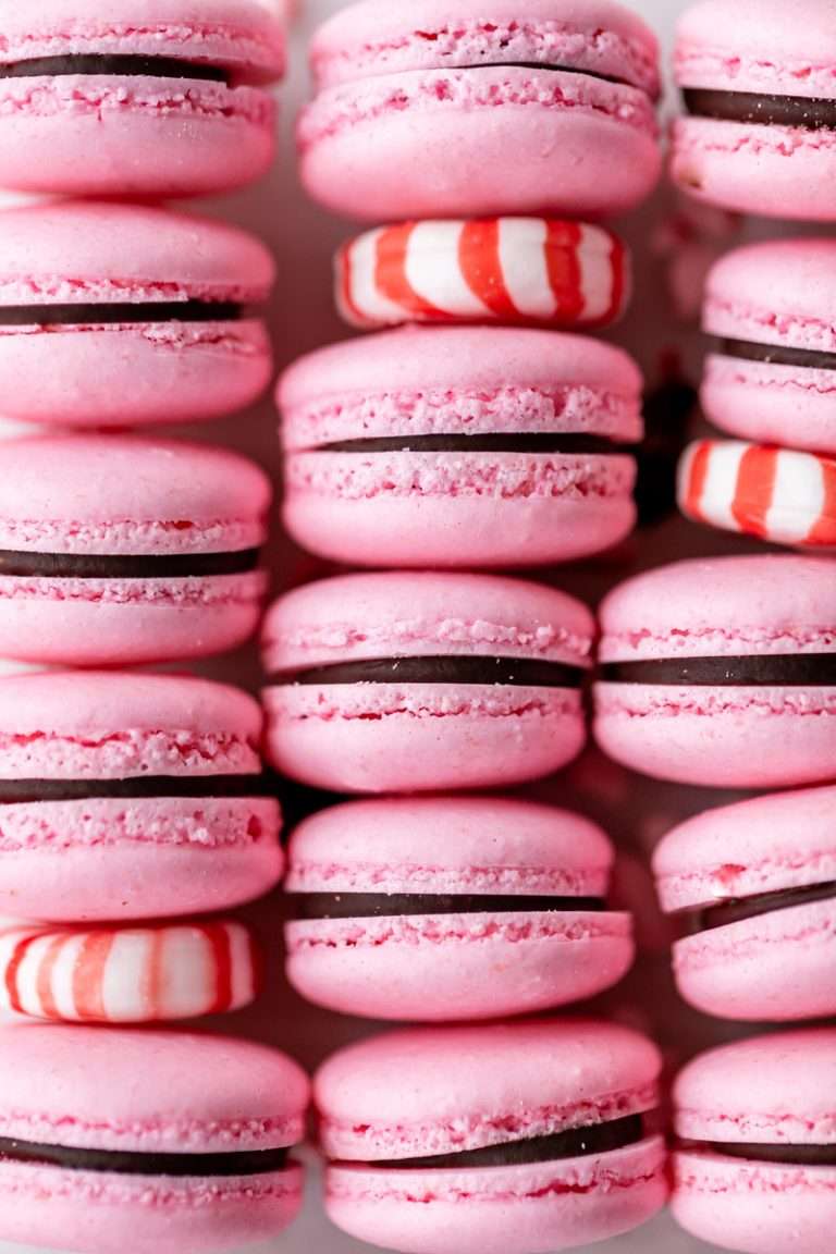 recipe for chocolate peppermint French macarons with chcolate ganche for the holiday season.