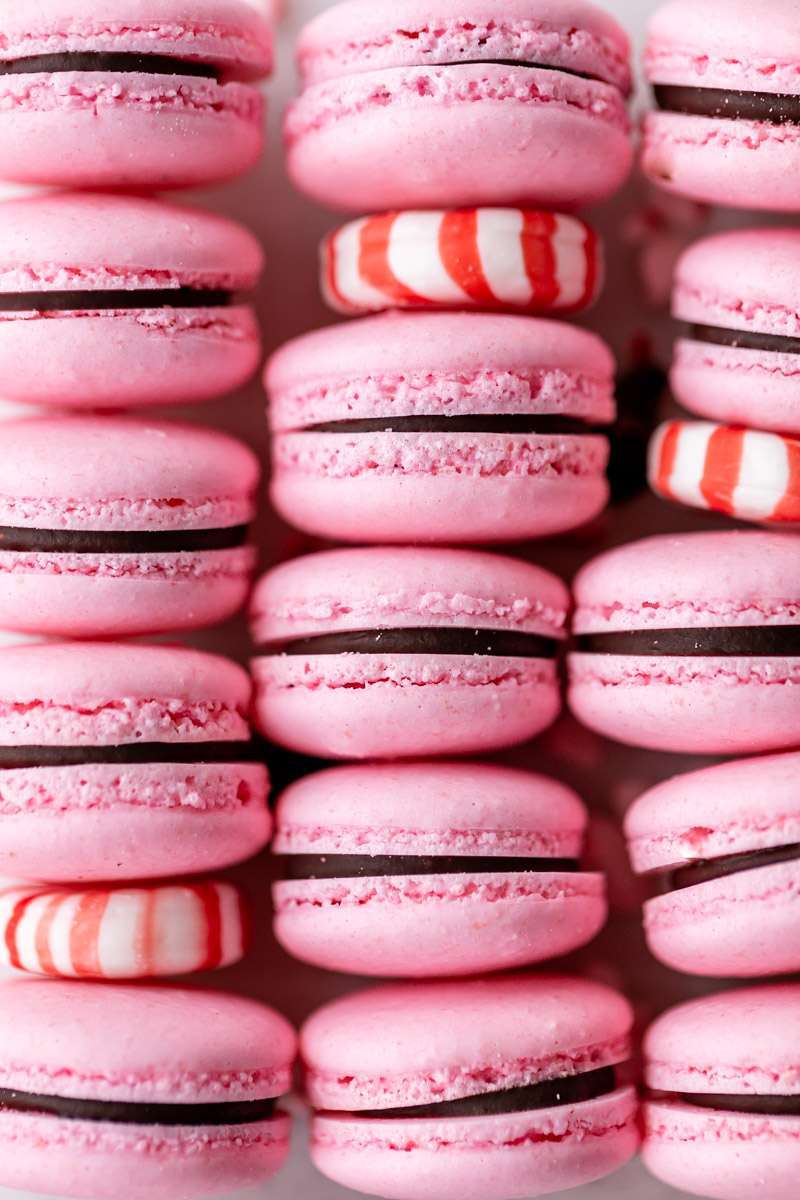 recipe for chocolate peppermint French macarons with chcolate ganche for the holiday season.