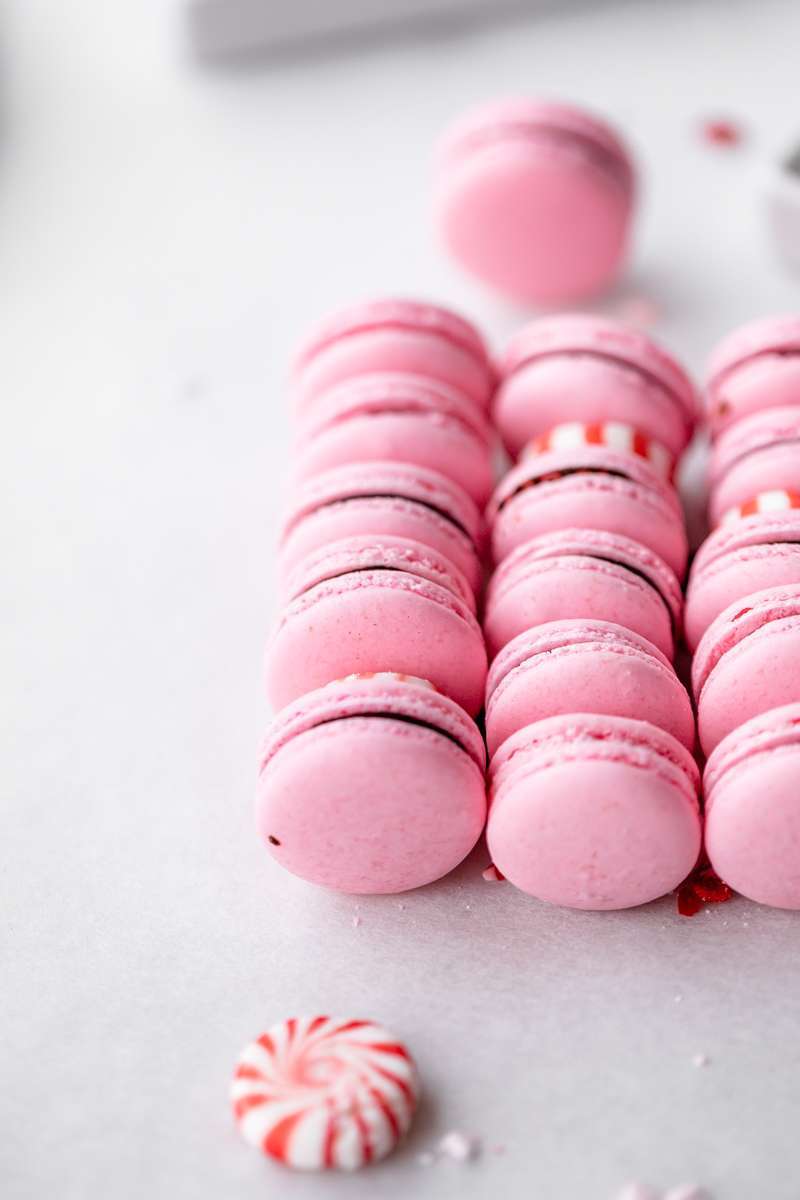 recipe for chocolate peppermint French macarons with chocolate ganache for the holiday season.