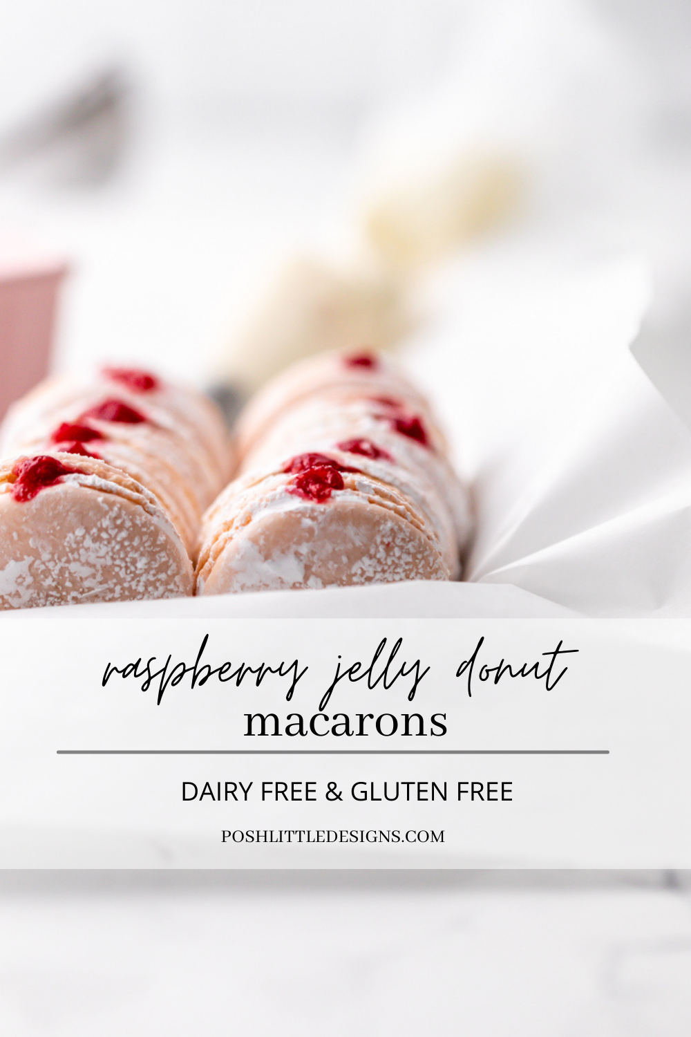 jelly donut flavored French macarons made with donut frosting, homemade raspberry jam and confectioner's sugar