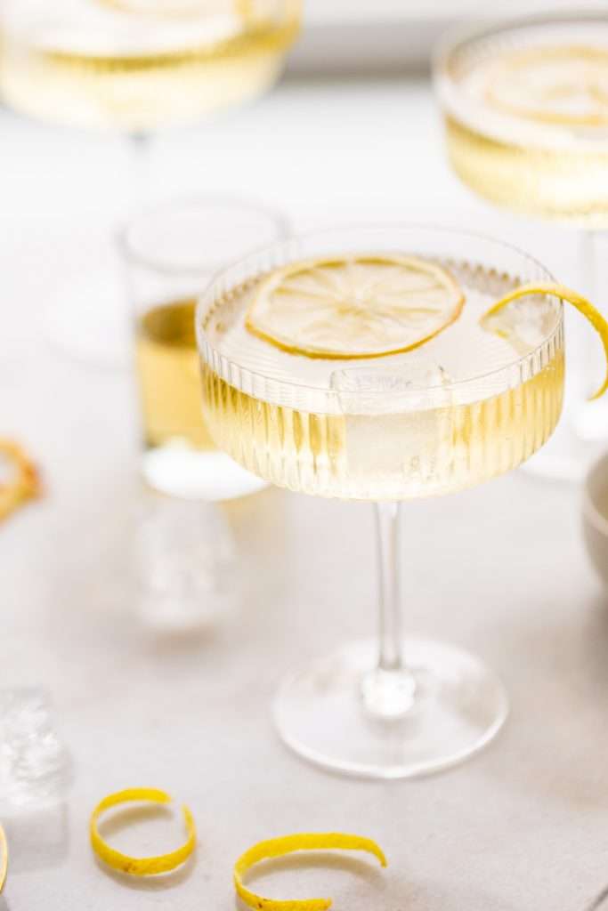Sparkling Hummingbird cocktail made with St Germain elderflower liqueur, champagne, club soda and lemon, served over ice.