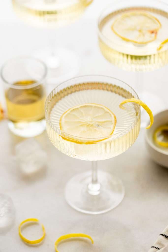 Sparkling Hummingbird cocktail made with St Germain elderflower liqueur, champagne, club soda and lemon, served over ice.