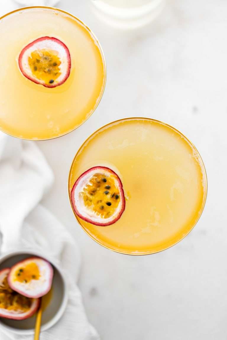 Light and refreshing passion fruit French 75 cocktails for spring and summer. Just for ingredients! Recipe and quick video included!