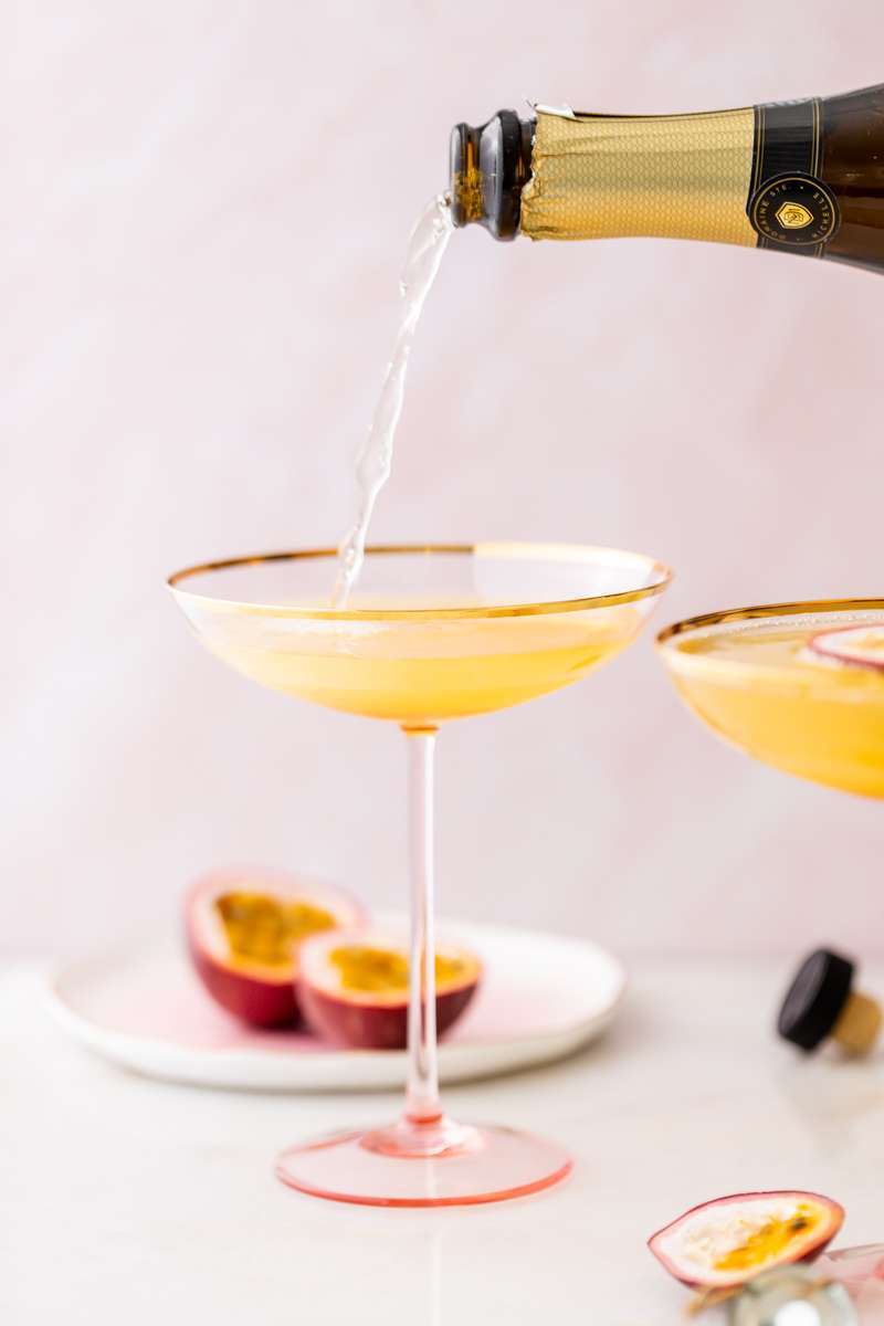 Light and refreshing passion fruit French 75 cocktails for spring and summer. Just for ingredients! Recipe and quick video included!