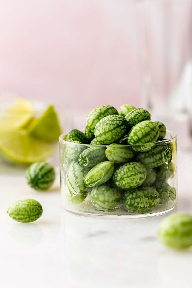cucamelon margaritas recipe - fresh lime, Mexican gherkins, simple syrup and tequila.