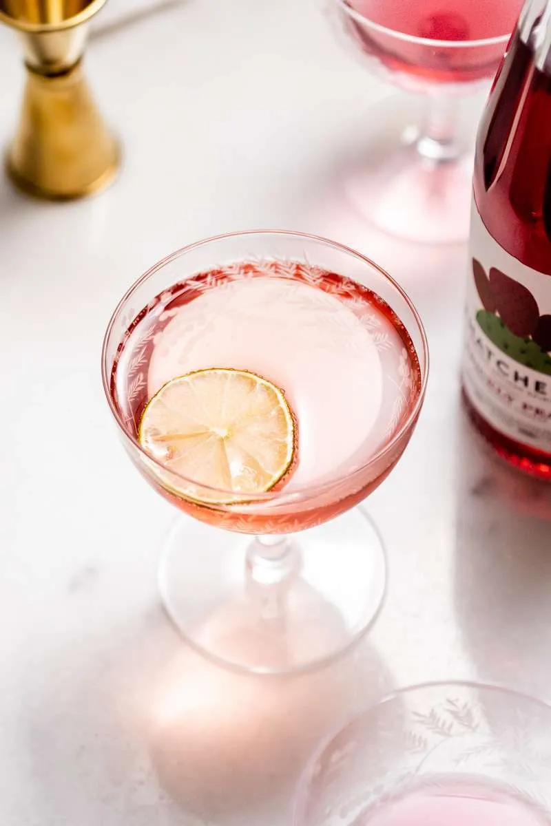 prickly pear Royale champagne cocktail recipe, made with Thatcher's Organic spirits