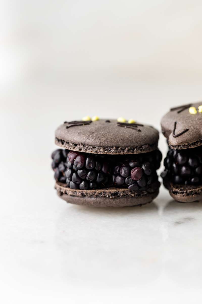 blackberry cat macarons for halloween, made with fresh blackberries, and dark chocolate ganache. Recipe and video.