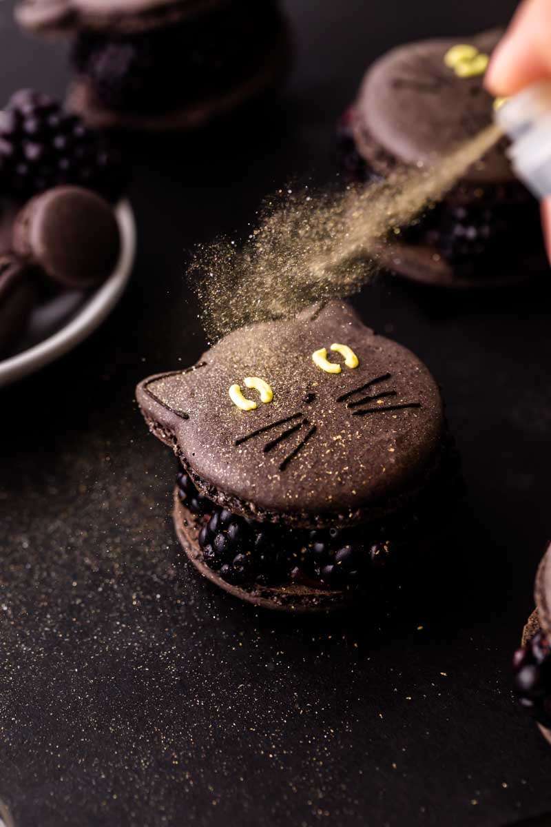 blackberry cat macarons for halloween, made with fresh blackberries, and dark chocolate ganache. Recipe and video.